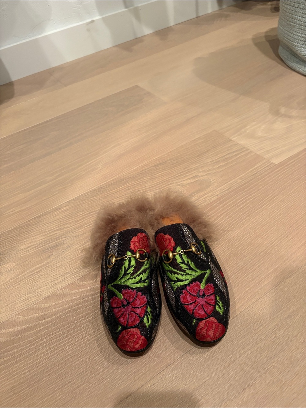 Gucci Black Floral Embroidered Fur-Lined Horsebit Loafers